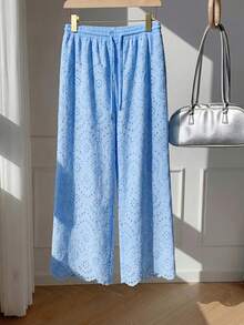 Comfortcana Plus Size Blue Embroidered Loose Pants, Spring/Summer - Blue - View 2