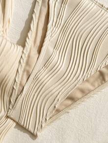 Swim Vcay 2026 Spring/Summer New Cream White Water Ripple Textured 3 Pieces Swimwear Set, Brown Rope Halter Triangle Bikini Top, High-Cut Thick Strap Triangle Bottom, Drawstring Wide Leg Long Pants, Slouchy Casual Vacation Beach Swimwear Set - Beige - View 4