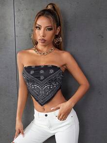 SHEIN Unity Paisley Print Tube Bandana Top - Black and White - View 3
