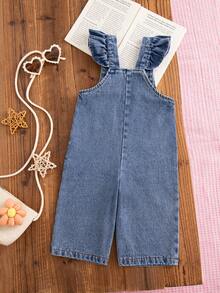 SHEIN Vintaside Kids 1件女嬰藍色牛仔休閒可愛刺繡花卉吊帶褲連身衣，適合外出與派對 - 淺藍色 - 查看 4