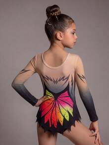 Young Girls' Patterned Gymnastics Leotard, Printed Design, High Elasticity Fabric, Team Competition, Individual Training - Multicolor - View 2