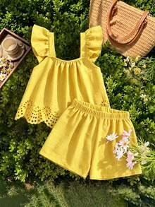 Sparklyn Girls' Summer Hollow Out 2 Pieces Set, Flutter Sleeve Cami + Matching Shorts, Exquisite Lace Trim On Top And Bottom, Detailed Design, Loose Fit, Suitable For Daily Wear And Outings - Yellow - View 7