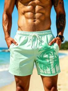 Manfinity Swimmode 男士抽繩腰椰子樹印花休閒度假海灘短褲，假期款 - 薄荷綠 - 查看 5