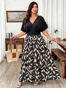 Weeklong Vestido casual elegante de uso diario para mujer talla grande, primavera/verano, cuello en V, estampado floral en forma de V, cintura ceñida, estilo largo acampanado, ropa de vacaciones - Multicolor - Ver 5