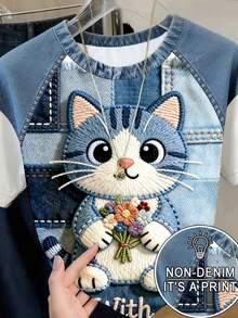 Resyla Women's Plus Size Denim Effect Cat Print Short Sleeve T-Shirt - Multicolor - View 1