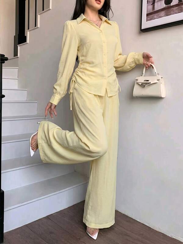 Modelyn Women's Gentle Yellow Cinched Waist Blouse & High Cinched Waist Wide Leg Pants 2 Pieces Set