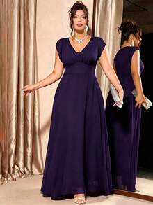 Elenzga Plus Size Women's Elegant Shirred Pleated Front Waist Gathered Design Cap Sleeve Dress - Purple - View 5