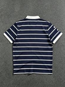 Manfinity Roghcode 男士字母騎士印花條紋休閒百搭日常短袖 Polo 衫 - 藏蓝色 - 查看 2