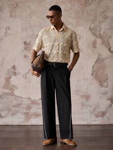 AKNOTIC Camisa de manga corta para hombre con Bottom de malla, bordado de punto y flecos ondulados - Caqui - Ver 5