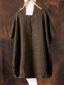 SHEIN Plus Size Women's Solid Color Round Neck Textured Casual Shirt - Brown - View 2