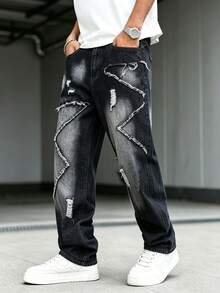 Manfinity EMRG Men's Casual Versatile Daily Wear Denim Jeans With Patchwork, Frayed Hem And Distressed Design - Black - View 3