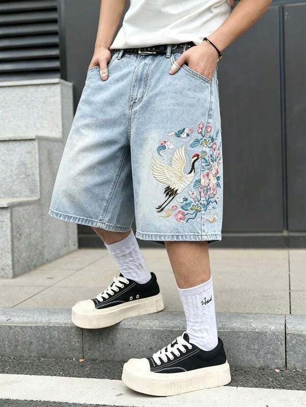 Manfinity EMRG Men's Casual Versatile Daily Denim Shorts With Pocket, Button, Floral And Crane Embroidery Pattern