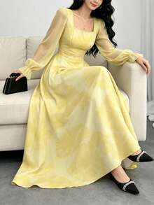 Modelyn Vestido largo de mujer con cuello cuadrado y mangas farol, estampado de flores de hibisco en estilo ditsy, cintura ceñida, vestido floral de color amarillo claro, adecuado para vacaciones de verano y uso diario - Multicolor - Ver 5