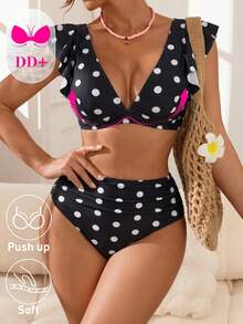 Swim DD+ 女款夏季海灘黑白波點V領比基尼三角褲兩件式泳衣套裝，可愛風 - 黑與白 - 查看 3