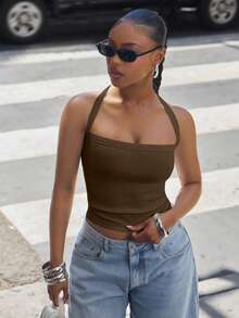 Denimoi Square Neck Criss-Cross Back Ribbed Knit Tank Top, Fashionable Daily Basic Style - Brown - View 2