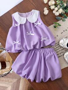 SHEIN Genkimix Kids 2件組少女 3D蝴蝶結裝飾休閒時尚彼得潘領無袖上衣 + 休閒時尚純色鬱金香短褲 - 紫色 - 查看 2