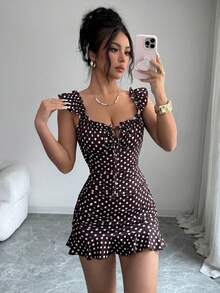 SHEIN Tall Summer Fashion Brown And White Polka Dot Print Ruffle Hem Mini Dress Night Out Club Sexy - Brown - View 7