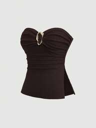 Sweetra Top para mujer de primavera/verano color café sin tirantes con cintura fruncida, ajuste ceñido y decoración de hebilla metálica