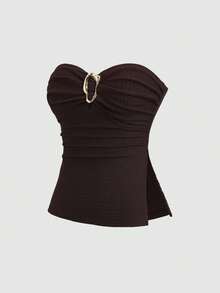 Sweetra Women's Spring/Summer Coffee Color Strapless Ruched Waist Slim Fit Metal Buckle Decor Top - Brown - View 1