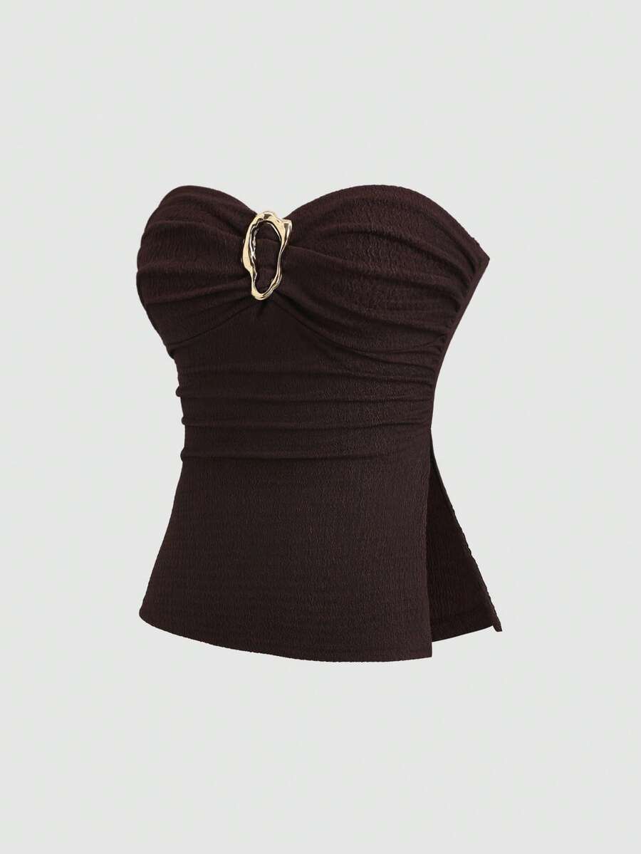 Sweetra Women's Spring/Summer Coffee Color Strapless Ruched Waist Slim Fit Metal Buckle Decor Top - Brown - View 1