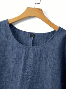 SHEIN Plus Size Women's Solid Color Round Neck Textured Casual Shirt Vacation Blue Summer - Navy Blue - View 5