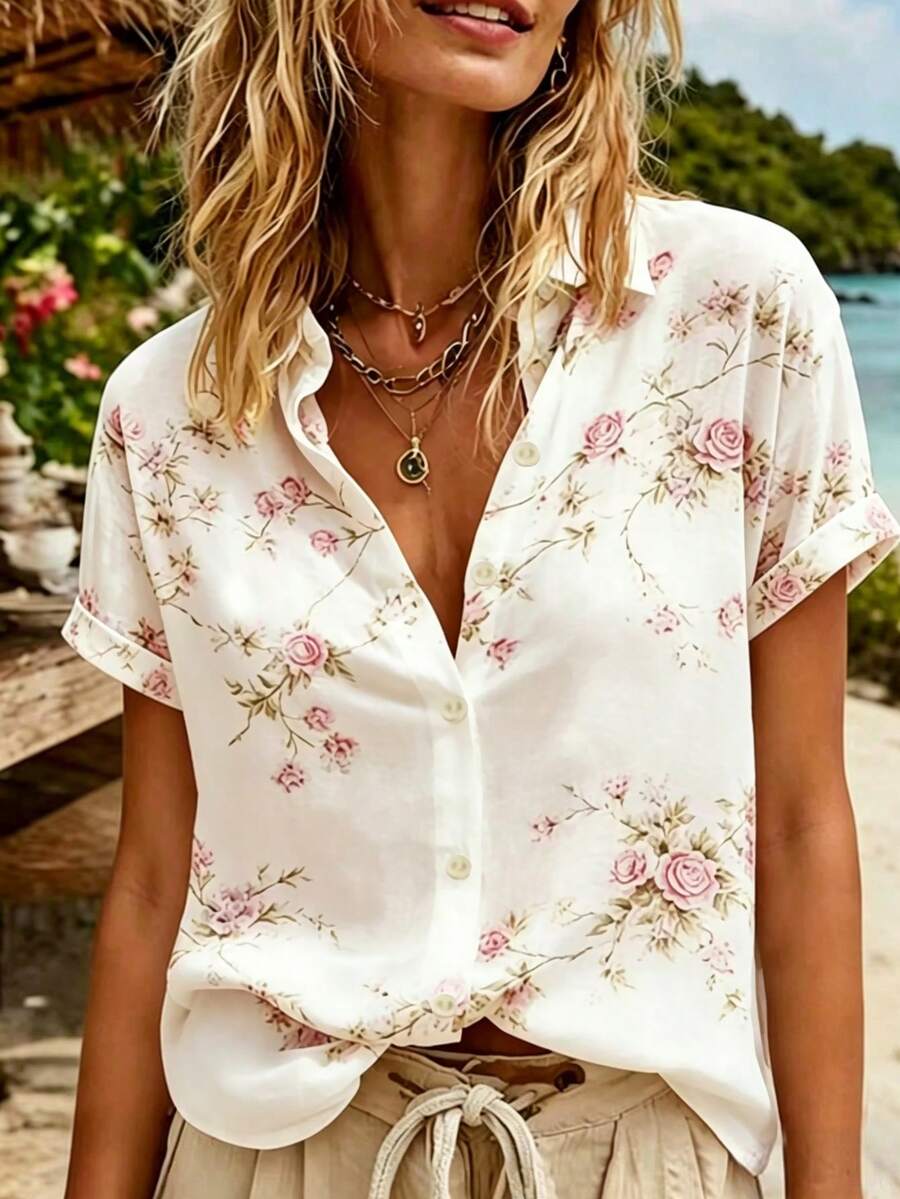 Calvaya 女款夏季新款花卉印花領口短袖襯衫,復古時髦法式優雅,通勤度假百搭 - 彩色 - 查看 1
