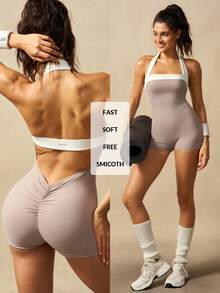 VARSIVA Color-Block, Open-Back, Halter-Neck, Form-Fitting Athletic Romper-Suitable For The Gym, Yoga, And Pilates. - Multicolor - View 2