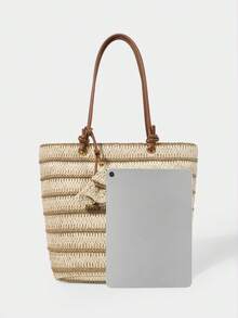 SHECARRY Women's Fashion Beige Striped Straw Tote Bag, Contrasting Color Splicing Large Capacity Shoulder Bag, Suitable For Summer Vacation, Travel, Beach, Seaside, Bohemian - Beige/Khaki - View 5