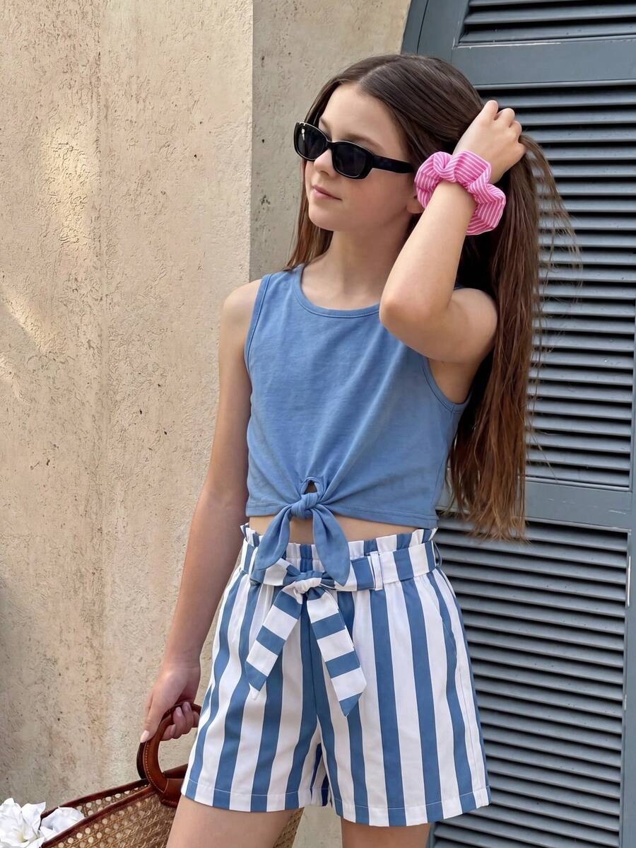 Knot Hem Tank Top & Striped Paperbag Waist Belted Short - Baby Blue - View 1