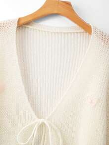 GlowEve CURVE Plus Size Elegant V-Neck Long Sleeve Tie Bow Sweater Set - White - View 7