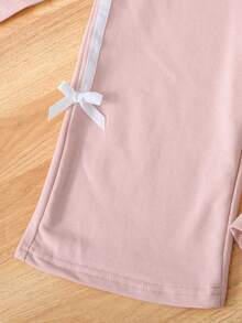 SHEIN Genkimix Kids 2pcs Young Girl Bow Ribbon Decor Casual Fashion Short Sleeve T-Shirt + Bow Ribbon Decor Casual Fashion Straight Leg Pants - Pink - View 5