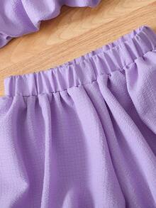 SHEIN Genkimix Kids 2件組少女 3D蝴蝶結裝飾休閒時尚彼得潘領無袖上衣 + 休閒時尚純色鬱金香短褲 - 紫色 - 查看 5