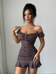 SHEIN Tall Summer Fashion Brown And White Polka Dot Print Ruffle Hem Mini Dress Night Out Club Sexy - Brown - View 3