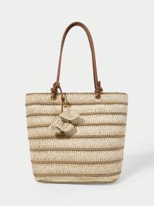 SHECARRY Women's Fashion Beige Striped Straw Tote Bag, Contrasting Color Splicing Large Capacity Shoulder Bag, Suitable For Summer Vacation, Travel, Beach, Seaside, Bohemian - Beige/Khaki - View 3