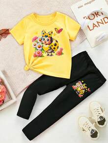 Set Kaos Pendek dan Legging Motif Kartun Lucu dan Segar untuk Bayi Perempuan, Motif Kumbang Kuning, Bunga, Hati, Kupu-kupu, dan Polkadot/Pita, Pakaian Sehari-hari - MultiWarna - View 4
