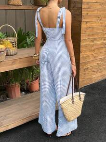 Sunnyshic Women's Plaid Bandeau Bow Tie Strap Design Waist-Cinching Slimming Summer European American Sweet Vacation Style Jumpsuit - Baby Blue - View 2