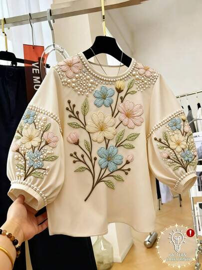 GlowEve CURVE Women's Plus Size Spring/Summer New Arrivals: Luxurious And Elegant Tops With Faux Embroidered Floral Prints, High-End Round Neck, Mid-Sleeves, Going Out Tops, Vacation Casual Shirts, Summer Women's Outfits, Casual Blouses, Holiday Outfits, Country Women