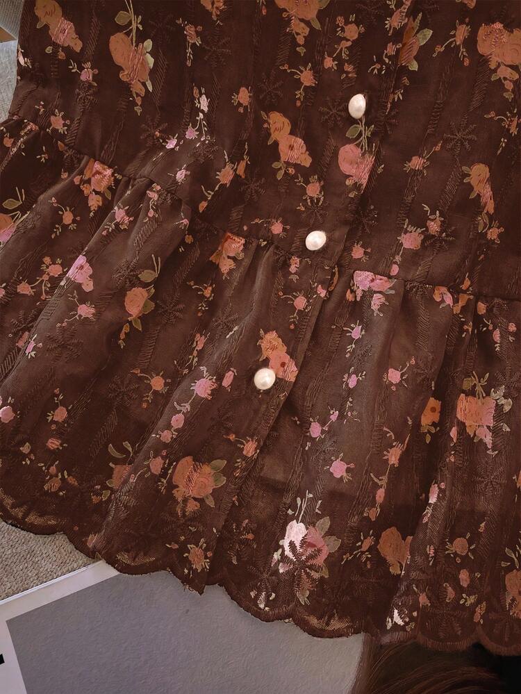 Franclia Blusa de manga corta con cuello en V y bordado dulce francés para mujer - Marrón - Añade 4