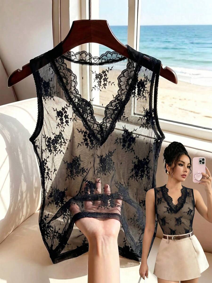 SHEIN Franclia 女士黑色蕾丝性感透视V领无袖上衣 - 黑色 - 查看 1