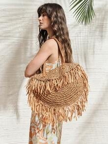 SHECARRY Bolsa Tote Casual de Palha Trançada Khaki para Mulheres, Estilo de Design, Leve e de Grande Capacidade, Bolsa de Ombro com Franjas, Adequada para Compras, Festas, Férias, Viagens, Praia, Beira-Mar - Caramelo - Visão 6