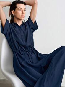 Aalyst Jumpsuit Wanita Musim Semi/Panas Warna Biru Tua Bahan Linen Twill dengan Kerah Kancing Depan, Minimalis, Kasual, Elegan, Longgar, dan Ramping, Cocok untuk Kerja dan Perjalanan - Navy Blue - View 7