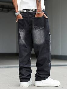 Manfinity EMRG Men's Casual Versatile Daily Wear Denim Jeans With Patchwork, Frayed Hem And Distressed Design - Black - View 2