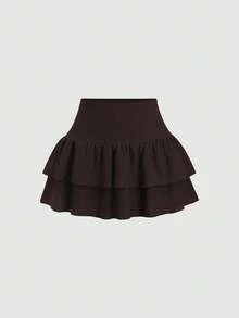 Sweetra Women's Solid Color Ruched Asymmetric Hem Crop Top And Mini Skirt Casual 2-Piece Set - Coffee Brown - View 3