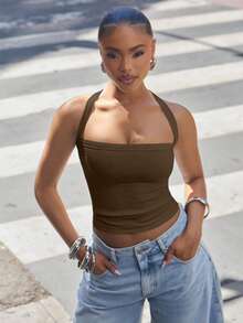 Denimoi Square Neck Criss-Cross Back Ribbed Knit Tank Top, Fashionable Daily Basic Style - Brown - View 6