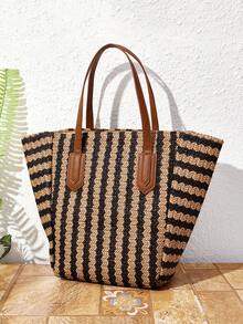 SHECARRY Bolso tote de mujer de moda de paja tejida a rayas, negro + caqui, color de contraste retro, bolso de hombro simple y ligero de gran capacidad, adecuado para compras, vacaciones de verano, viajes, playa, , combinación bohemia - Raya - Ver 2