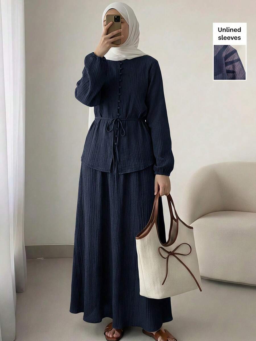 Solavon Women's Casual Solid Color Textured Long Sleeve Top And Skirt 2 Pieces Set,Unlined Sleeves, Autumn Modest Two Piece Linen Sets - Navy Blue - View 1