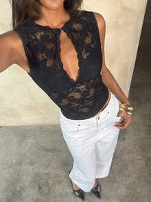 Women's Lace Hollow Out Sexy Versatile Date Night Out Club Outing Top Black Summer Aloruh Women's Black Floral Lace Cutout Neck Fitted Cropped Tank To - Black - View 8