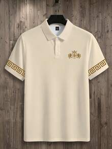 NEOREFINED 男士奢華徽章印花 Polo 衫，幾何印花袖口休閒短袖上衣，男士時尚百搭休閒風格 - 彩色 - 查看 2