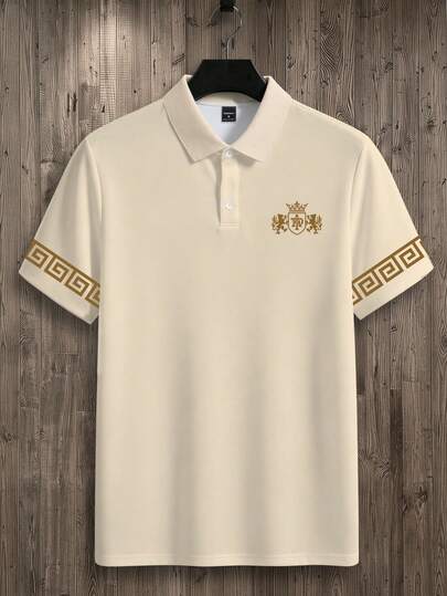 NEOREFINED 男士奢華徽章印花 Polo 衫，幾何印花袖口休閒短袖上衣，男士時尚百搭休閒風格