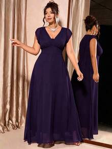 Elenzga Plus Size Women's Elegant Shirred Pleated Front Waist Gathered Design Cap Sleeve Dress - Purple - View 1